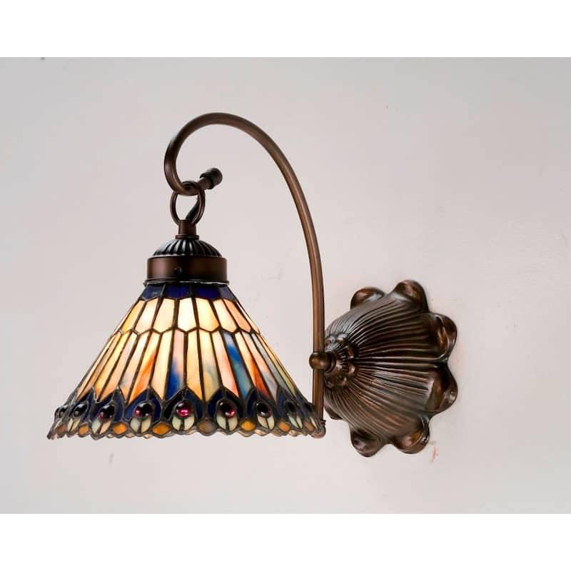 Meyda Tiffany Jeweled Peacock 8" Wide Single Light Wall Sconce with - Mahogany Bronze