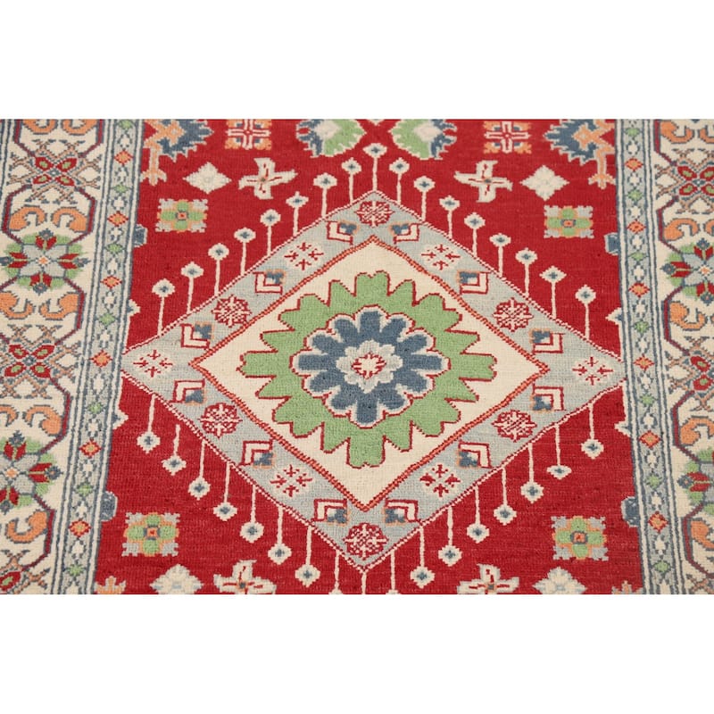 Red Geometric Kazak Accent Rug Hand-Knotted Traditional Wool Carpet - 3'4" x 4'10"
