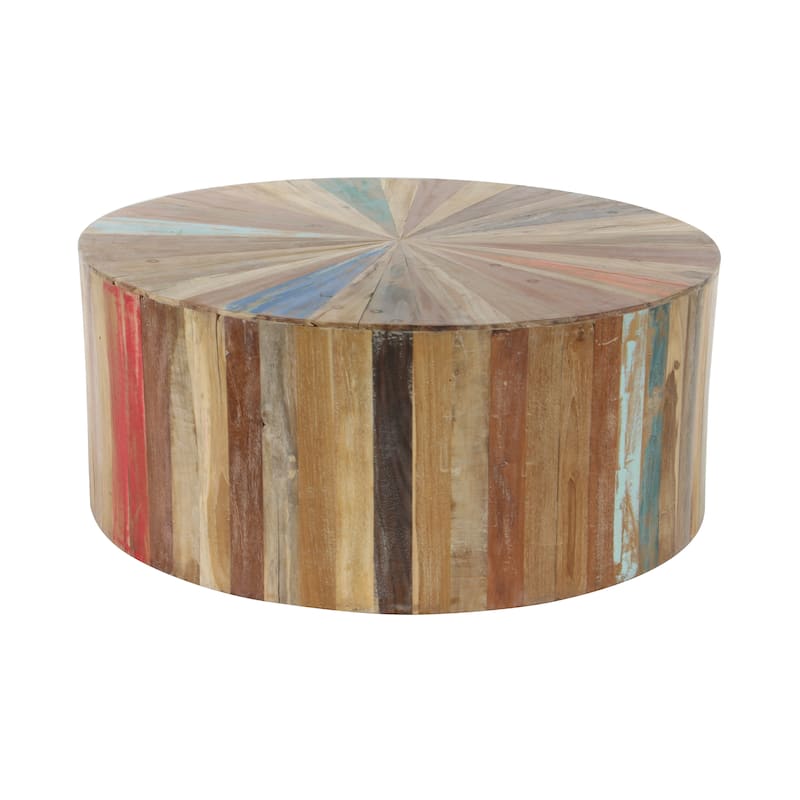 Brown Reclaimed Wood Handmade Pinwheel Drum Geometric Coffee Table with Colorful Painted Accents