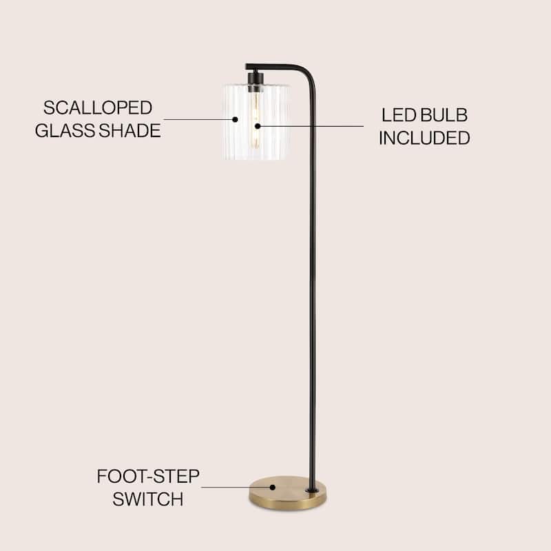 Blaire 60.75" Modern Minimalist Metal/Ribbed Glass LED Floor Lamp, Brass Gold/Black , by JONATHAN Y