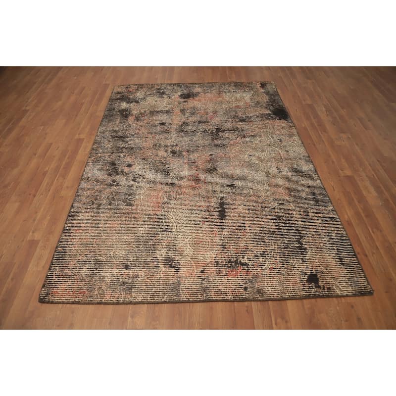 Hand Knotted Oriental Viscose Silk Carpet Modern All-Over Oranges & Rust Abstract Area Rug - 7' 7'' X 5' 5''