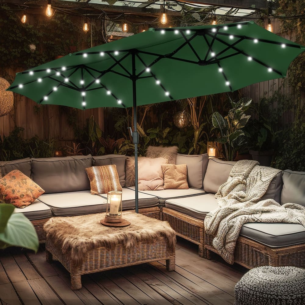 Ainfox 13ft Double-sided Patio Umbrella Solar LED Lighted Outdoor Martet Umbrella with Base