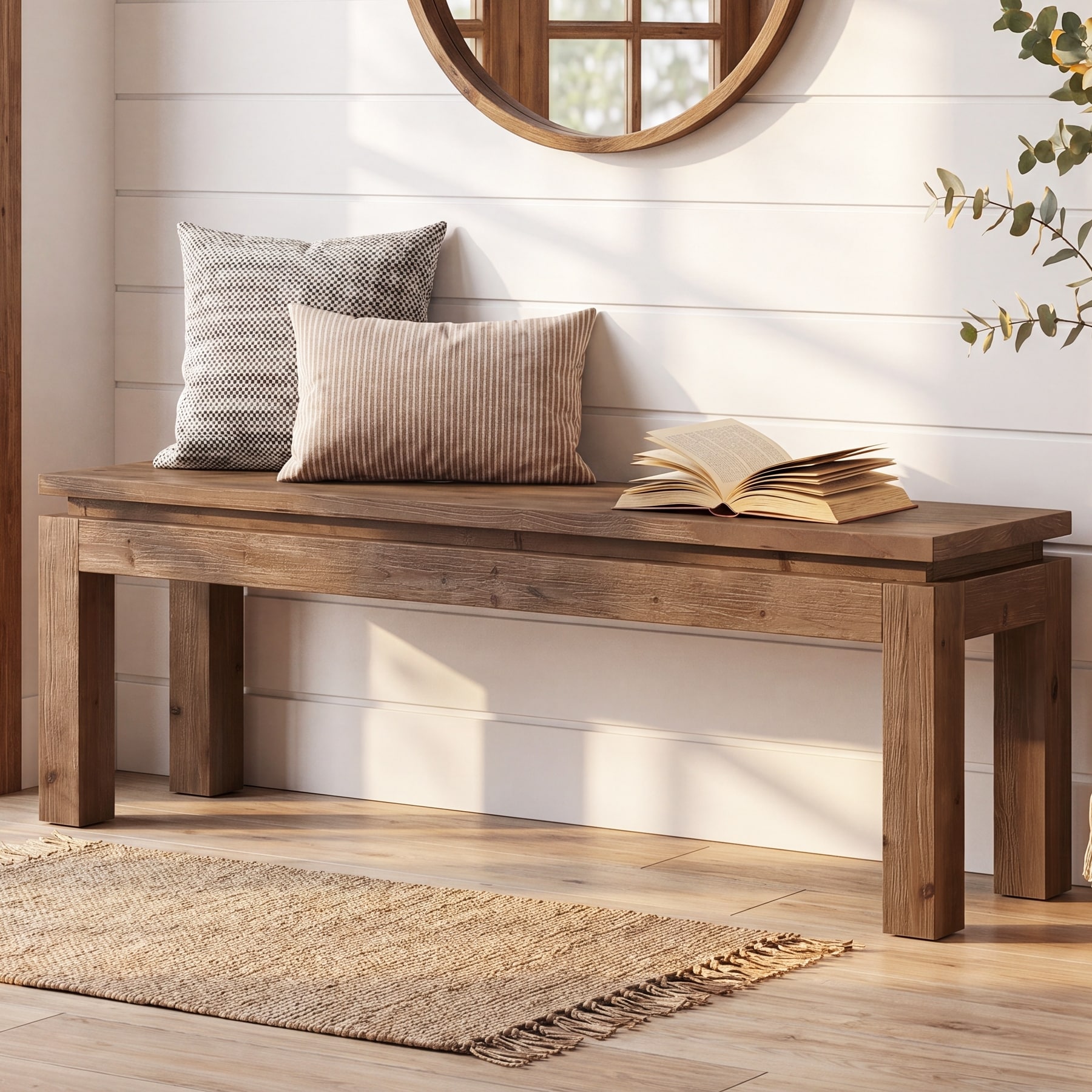 59" Solid Wood Entryway Bench, Farmhouse Living Room Bench for 1-2