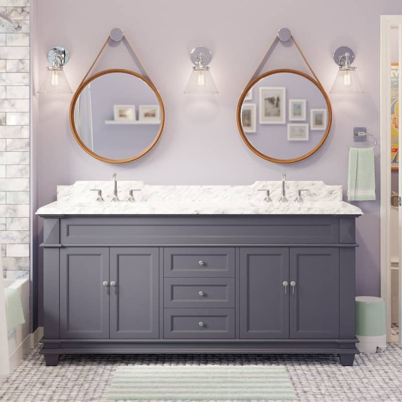 KitchenBathCollection Elizabeth 72" Double Bathroom Vanity with Carrara Marble Top - Marine Gray