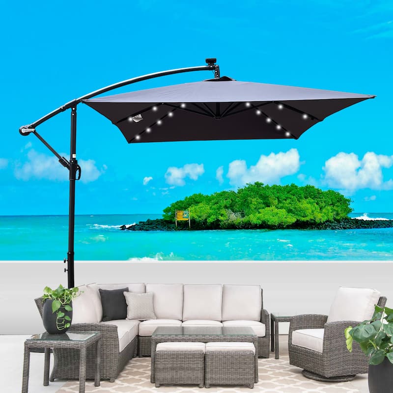 Rectangle 2x3M Patio Umbrella Solar Powered LED Lighted Sun Shade Market Waterproof 6 Ribs Umbrella with Crank and Cross Base