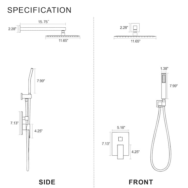 12-inch Square Rainfall Shower Head With Two Modes