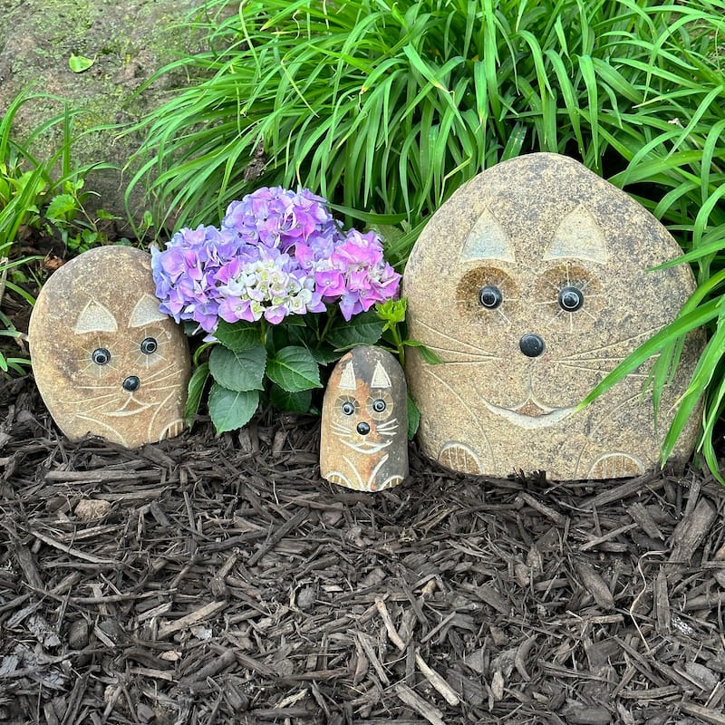 Natural Granite Boulder Animal Statues - 3 Piece Families - Dog, Angry Bird, Hedgehog, Cat, Owl, or Turtle - Cat