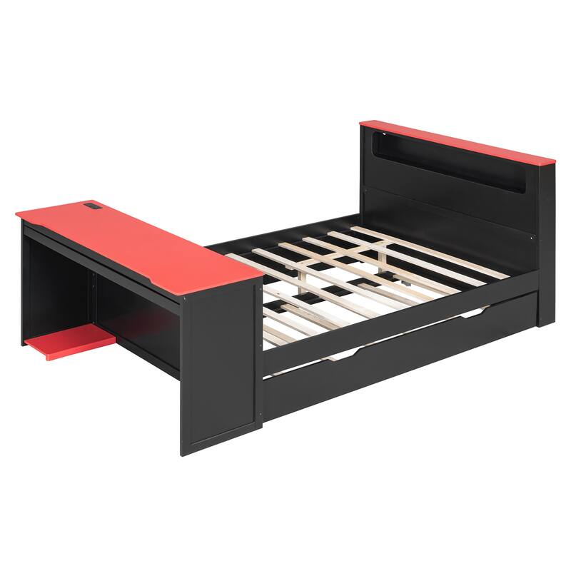 Wood Daybed with Trundle & Built-in Desk, LED Lights & USB Charging Port, Available in Full or Twin