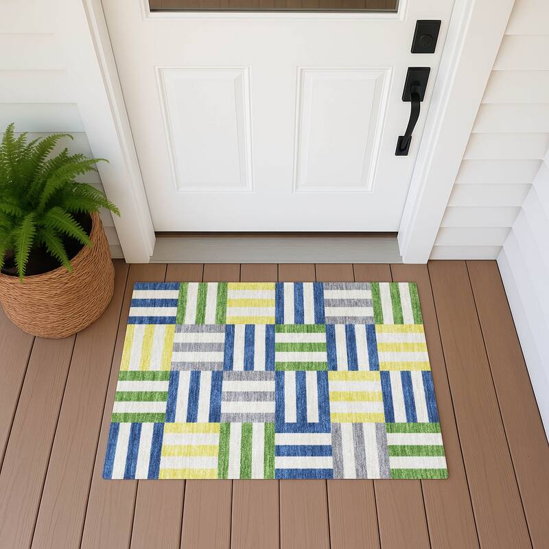 Machine Washable Indoor/ Outdoor Modern Hatch Chantille Rug - Blue - 1'8" x 2'6"