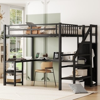 Black Full Size Metal Loft Bed with Wardrobe and Desk
