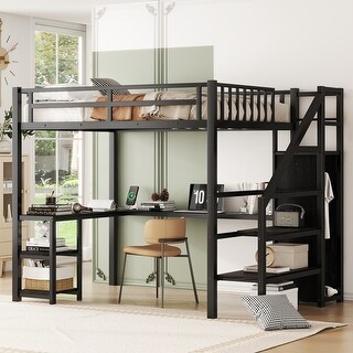 Ful Size Metal Loft Bed with Wardrobe, LED Light, L Shaped Desk and USB for Kids Teens Adults