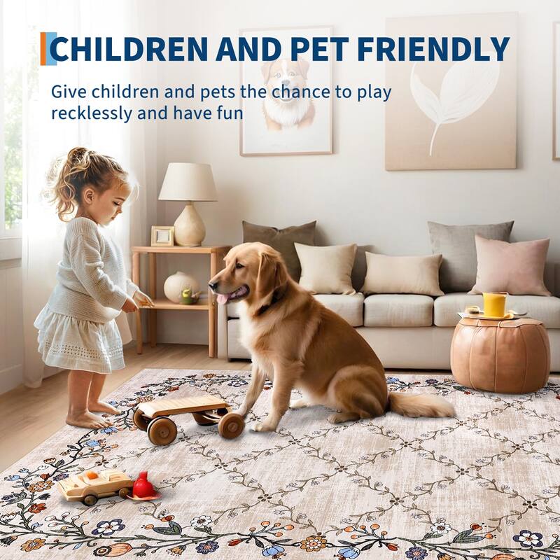 Floral Area Rugs for Living Room Low Pile Non Slip Rugs Washable Soft Foldable Accent Carpet Home Decor