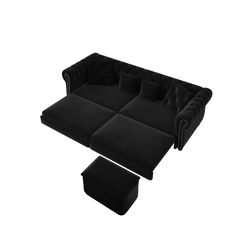 3-in-1 Convertible Pull-Out Sofa Bed w/ Movable Ottoman & 4 Pillows, Velvet Upholstered Rolled Arms Sleeper Couch for Apartment