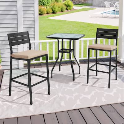 Outdoor Patio Barstool Bar Stools with Cushion and Glass Bar Table Set