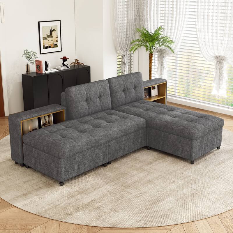 121.2" Modular Sofa Bed w/ 2 Storage Racks, Dark Gray, Chenille Upholstery