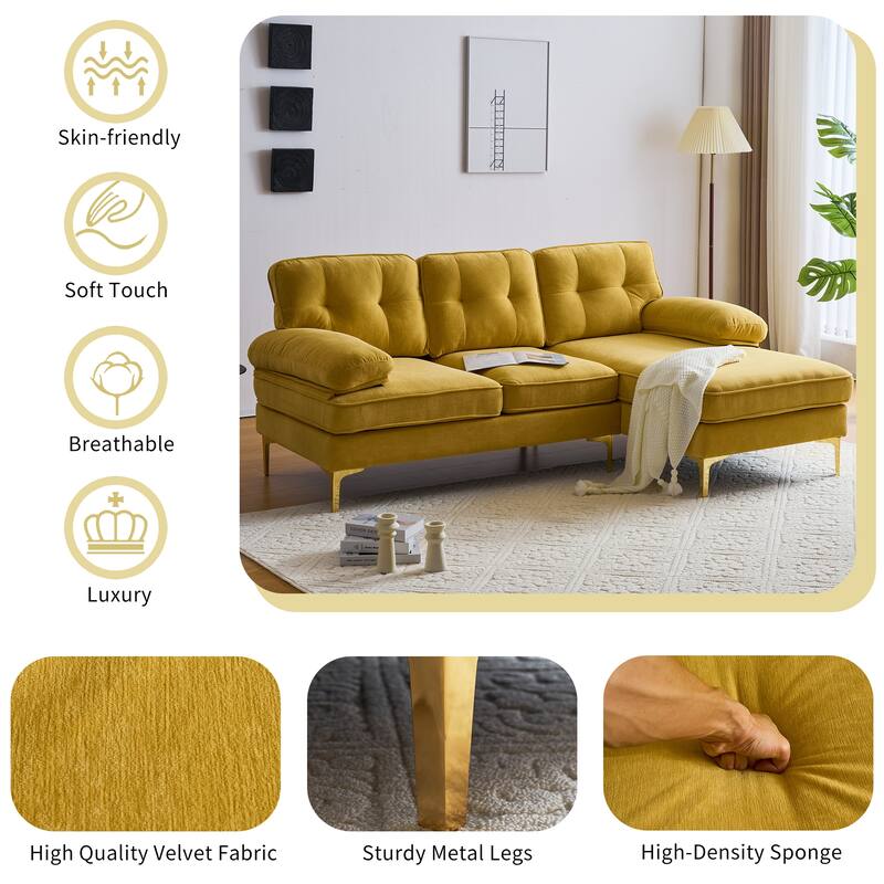 Velvet Sectional Sofas Couches with Pillow Top Arms and Upholstered Backrest, Modern L-Shaped Couches with Metal Legs