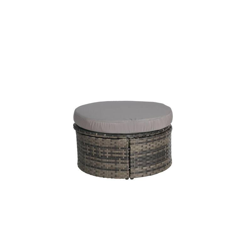 5 Pieces Outdoor Patio Round Daybed Furniture, Wicker Conversation Set with Retractable Canopy, Soft Cushions