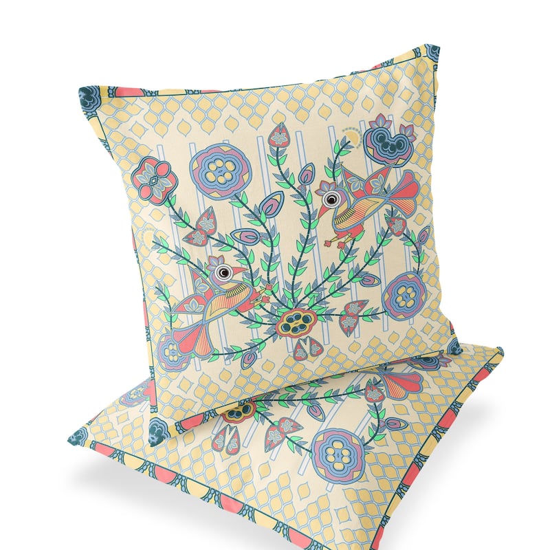 HomeRoots Set of Two 16" X 16" Blue and Yellow Peacock Blown Seam Floral Indoor Outdoor Throw Pillow - 16.00' X '16.00' X '5.00
