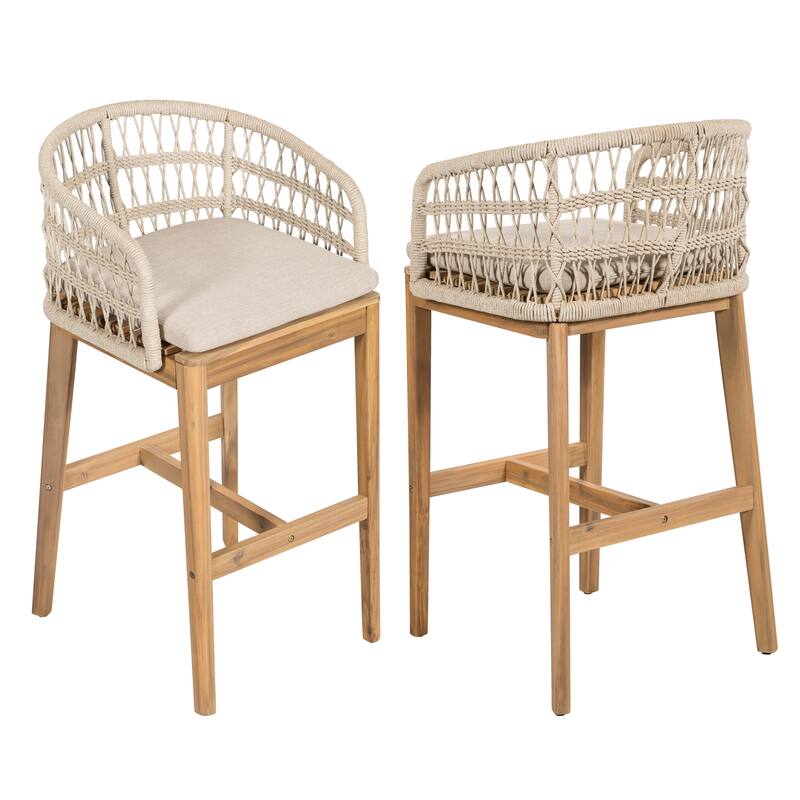 Roomfitters Laguna Outdoor Wood and Rope Barstools with Cushions, Teak Finish and Beige Set of 2