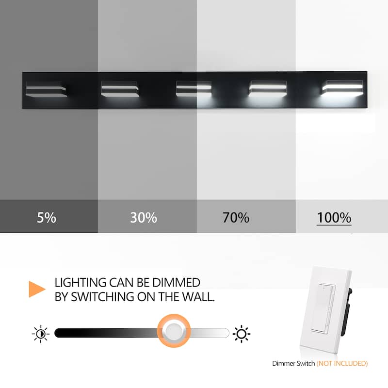 Modern Black LED Vanity Light, 5-Lights Wall Sconce for Bathroom and Mirror, Sleek Minimalist Design, Energy-Efficient