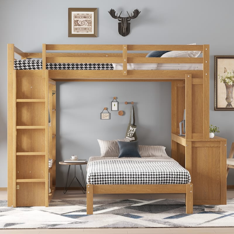 Convertible Queen Loft Bed with Desk, Wardrobe, and Shelves, Solid Wood Frame, Natural Finish