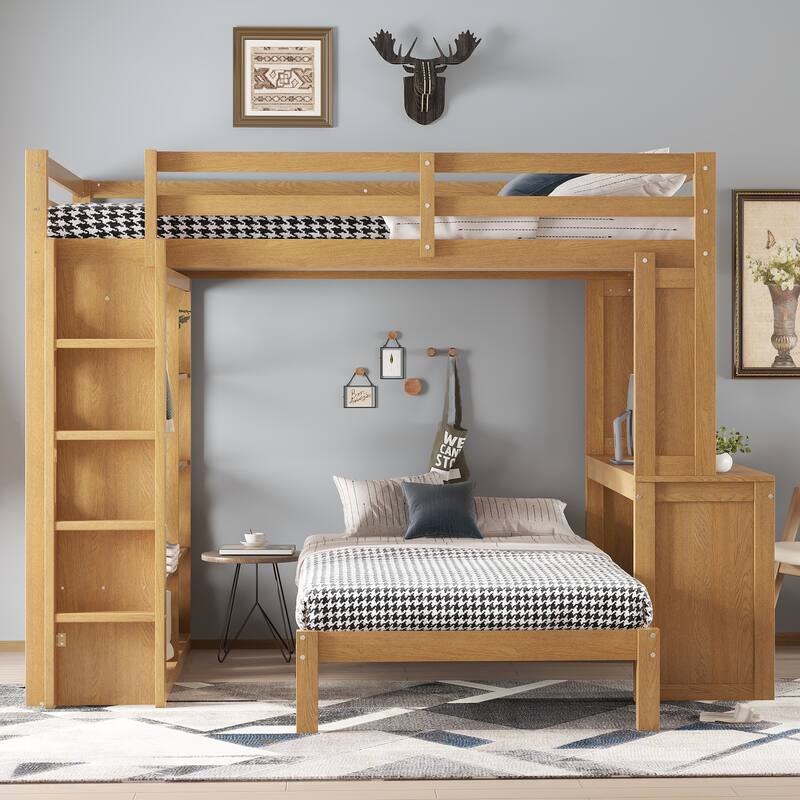 Queen Size Loft Bed & Twin Size Platform Bed Set, Wood Bunk Bed with Built-in Desk, Open Shelves and Wardrobe, Queen Over Twin
