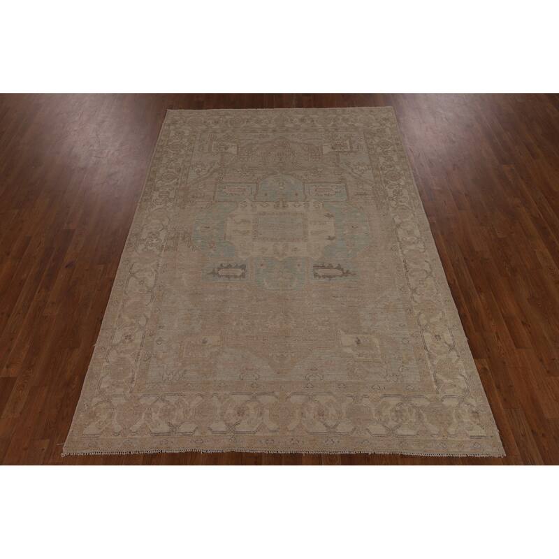Vegetable Dye Geometric Oushak Area Rug Hand-Knotted Wool Carpet - 6'1"x 8'11"