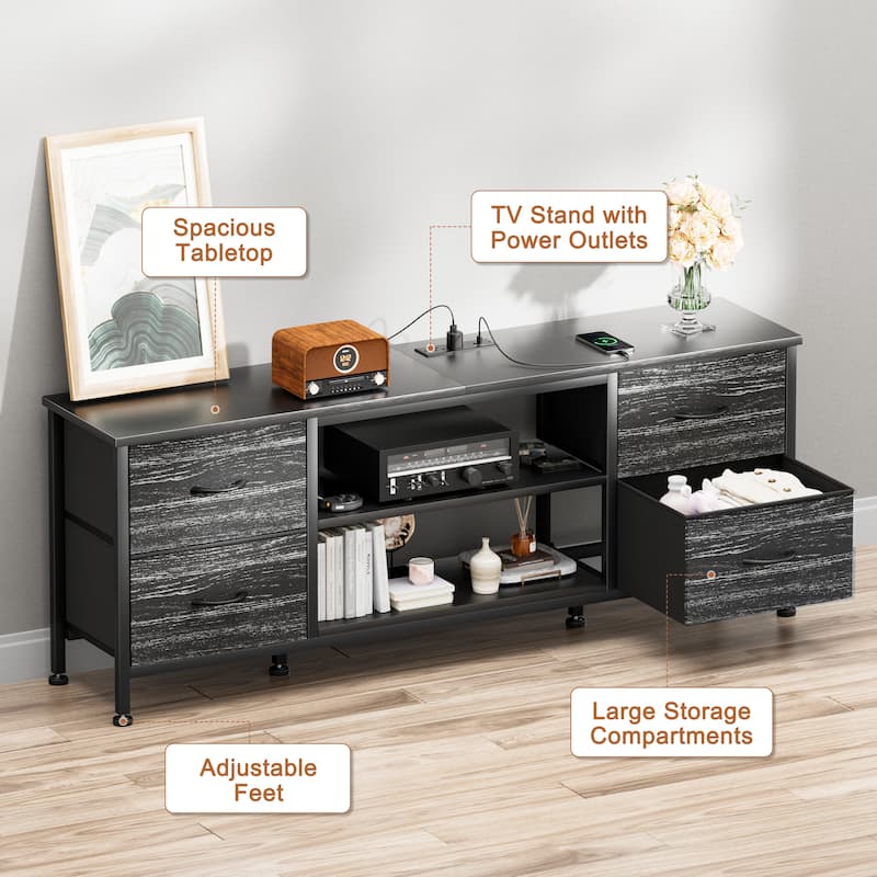 Dresser TV Stand with Power Outlet 4 Fabric Drawers for 60" TV Bedroom