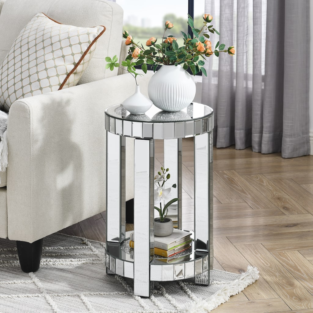 Silver Decorative Table Mirror Round Table with Crystal Inlay,2-layer Sofa Table with Storage
