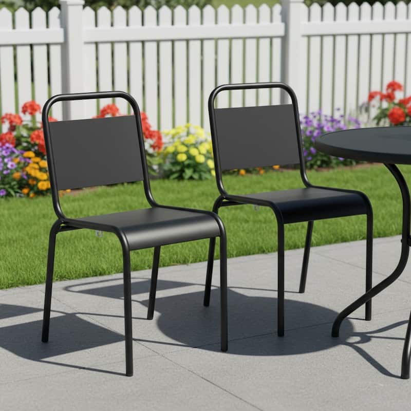 Set of Two Black Aluminum Outdoor Stacking Dining Chairs - Black