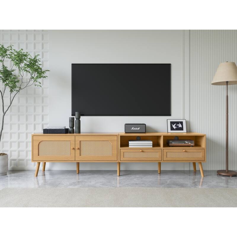 Boho TV Stand for TVs up to 85", Media Console with 2 Rattan Doors & 2 Drawers, Entertainment Cabinet, Natural