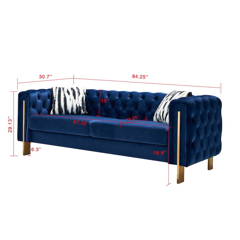 84.25" Luxurious Tufted Velvet Upholstered 3-Seater Sofa with Golden Metal Armrest Design and Buttoned Tufted Backrest