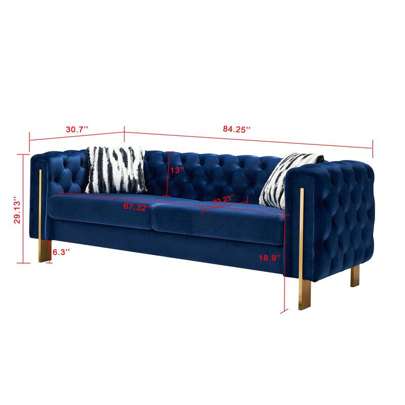 Velvet Tufted Sofa with Gold Metal Legs & Toss Pillows - 84" Width