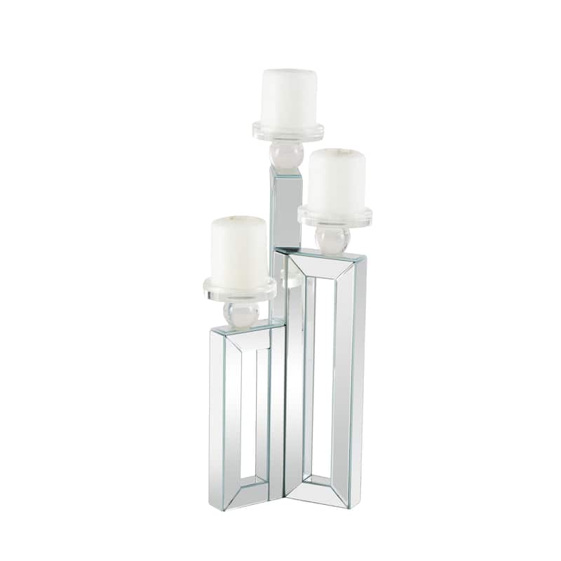 Glass Pillar 3 Plate Candelabra with Mirrored Accents - Silver - Roche River Decor - 7"W x 7"L x 21"H - 7"W x 7"L x 21"H - Silver