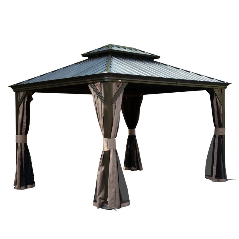 10' x 12' Hardtop Gazebo with Drainage System, Galvanized Steel Roof, Curtains, and Netting for Outdoor Use
