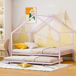Pink Twin Size Metal House Bed with Trundle & Roof