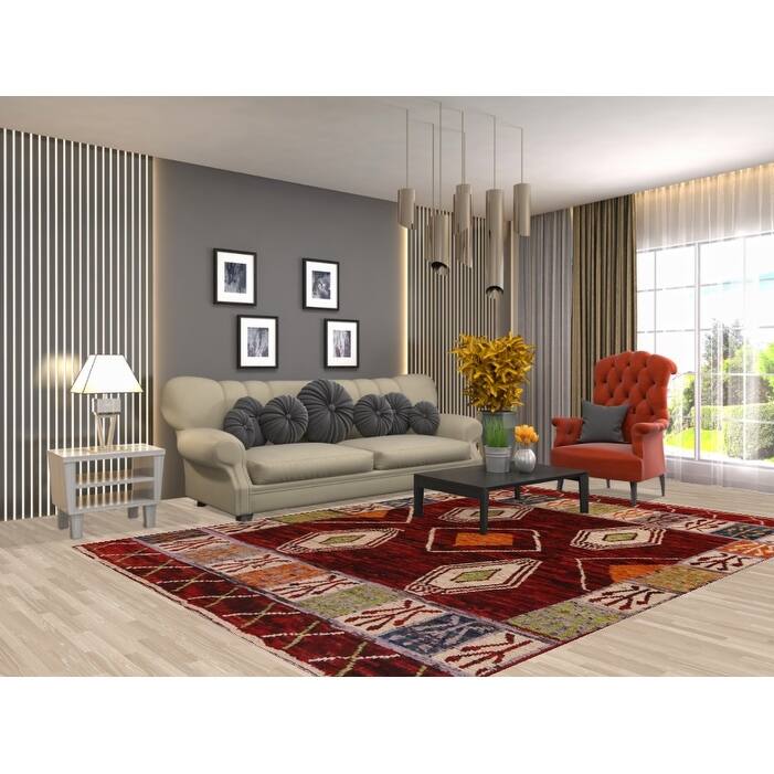 Red Geometric Moroccan Area Rug Hand-Knotted Wool Carpet - 6'10" x 9'9"