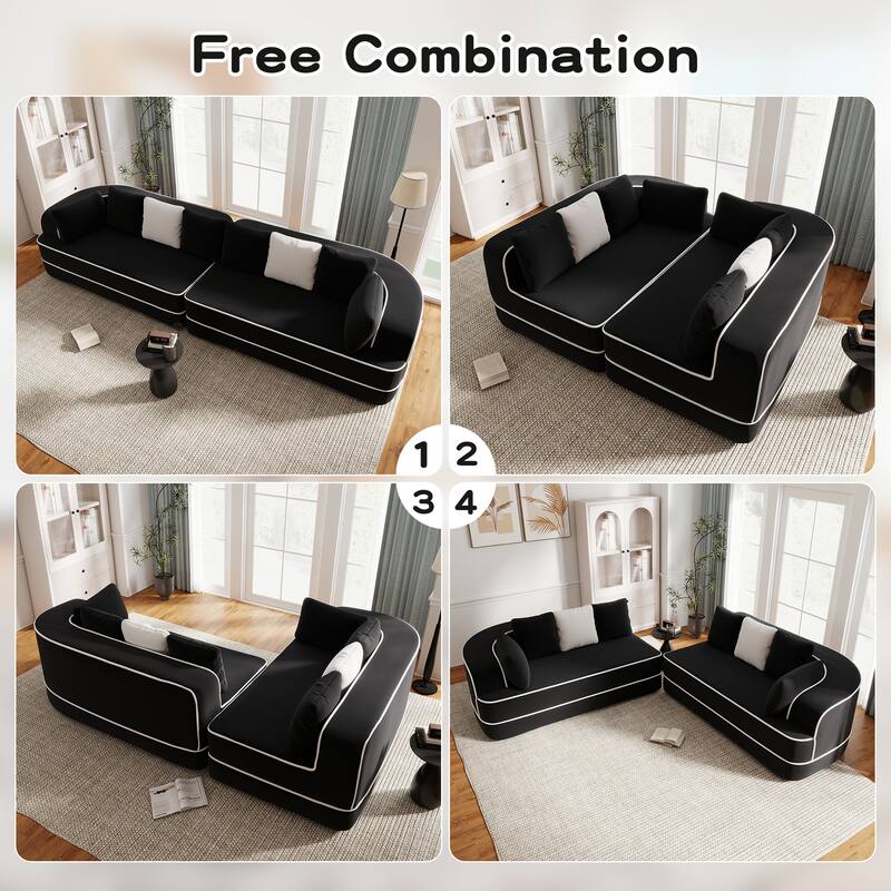 Roomfitters No Assembly Modular Sofa, 106 Inch Teddy Fabric Floor Couch with Chaise, Black