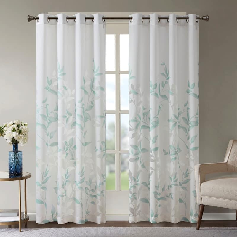 Rossetta Modern contemporary Semi-sheer base fabric botanical print burnout curtain, Only 1 Piece Panel - 50"W x 84"L - Aqua+Multi