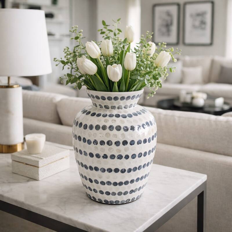 Decorative Vase - Shell Coastal Capiz Dots - Ivory and Blue - 12.25"