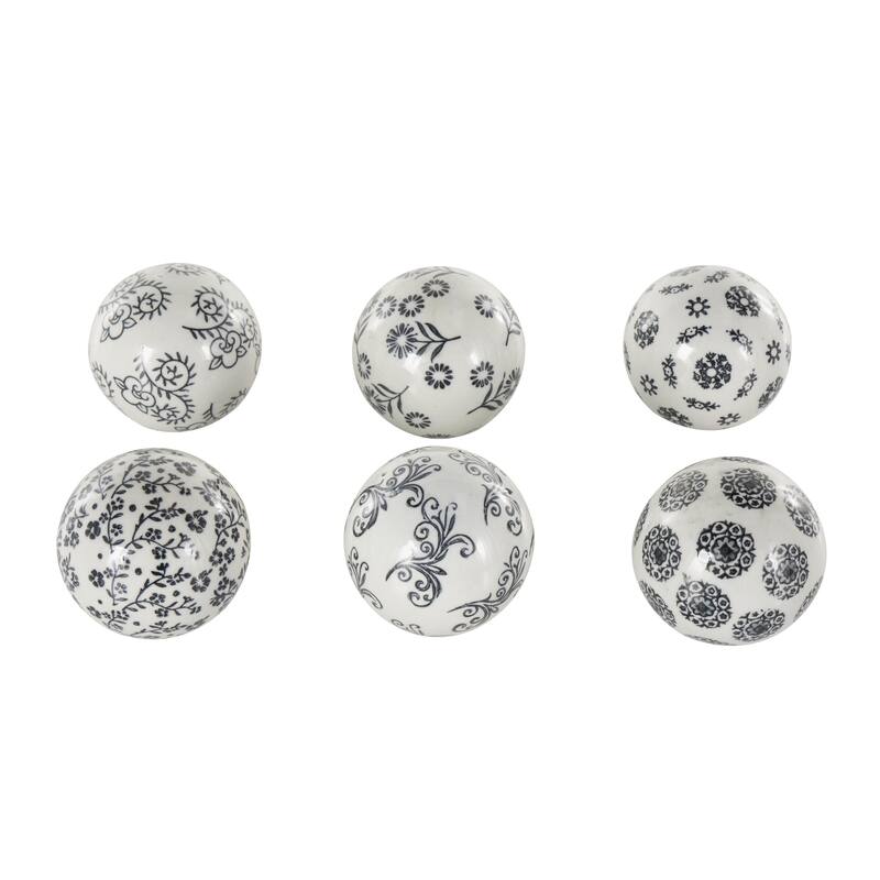 Ceramic Floral Glossy Orbs & Vase Filler with Varying Floral and Scroll Patterns - Set of 6 Black - Roche River Decor