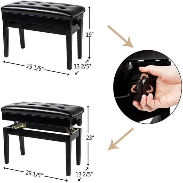 dimension image slide 1 of 2, Button Surface Cushion Straight Leg Adjustable Piano Stool Black