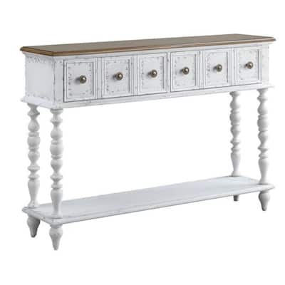 48 Inch 2 Drawer Console Table, Turned Legs, Distressed White