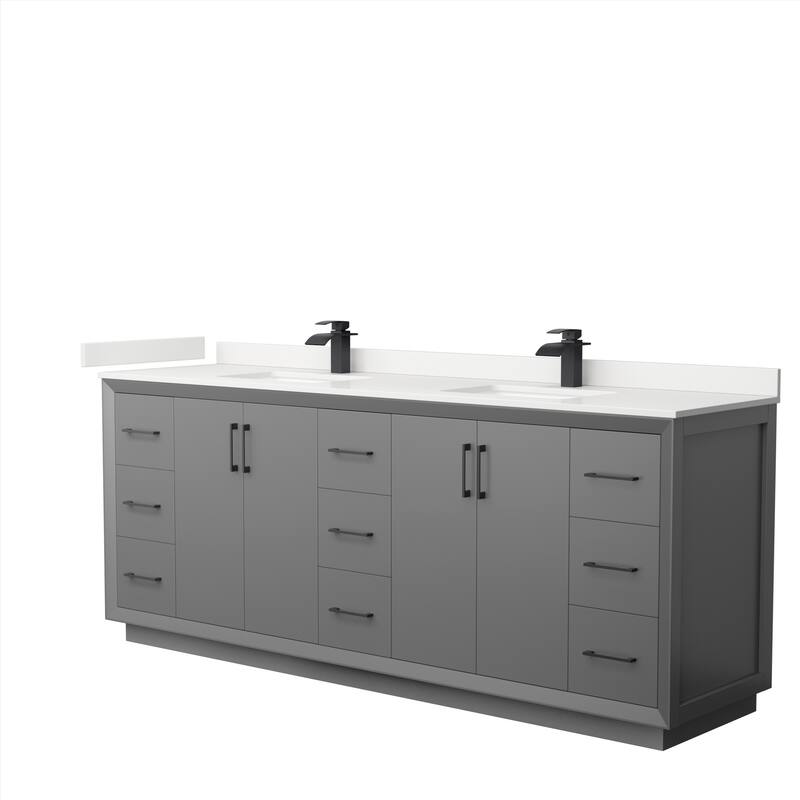 Strada 84-inch Double Vanity, Quartz Top - Dark Gray, Black Trim, White Quartz Top