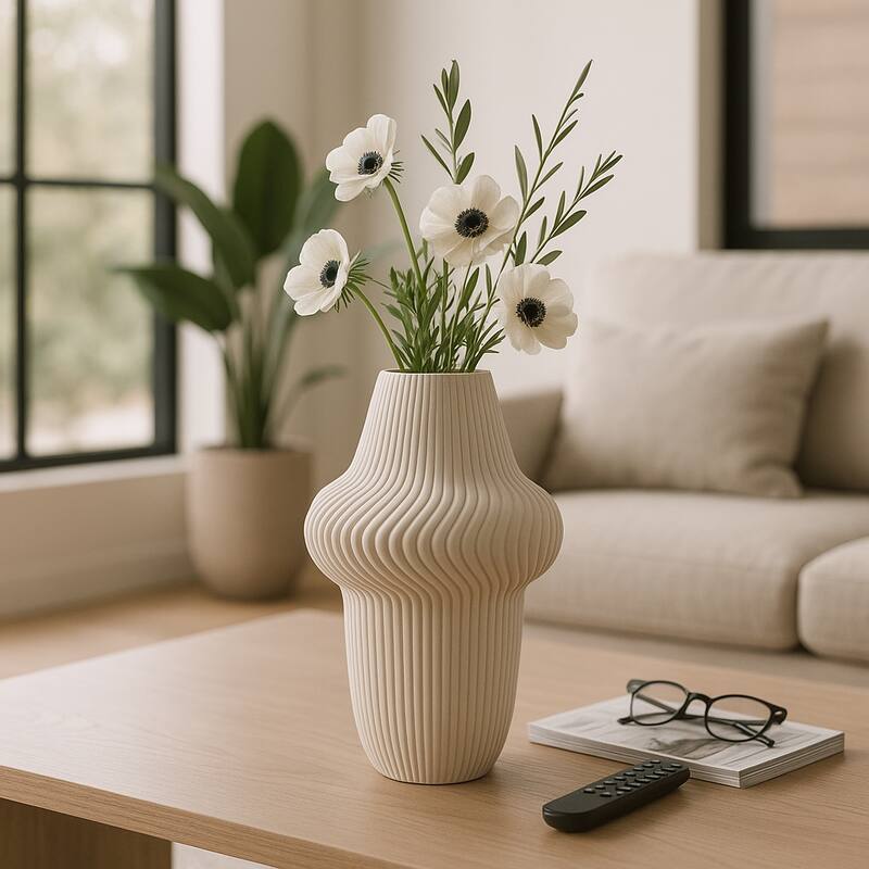 Porcelain Ribbed 3D Printed Vase - Ivory/Beige