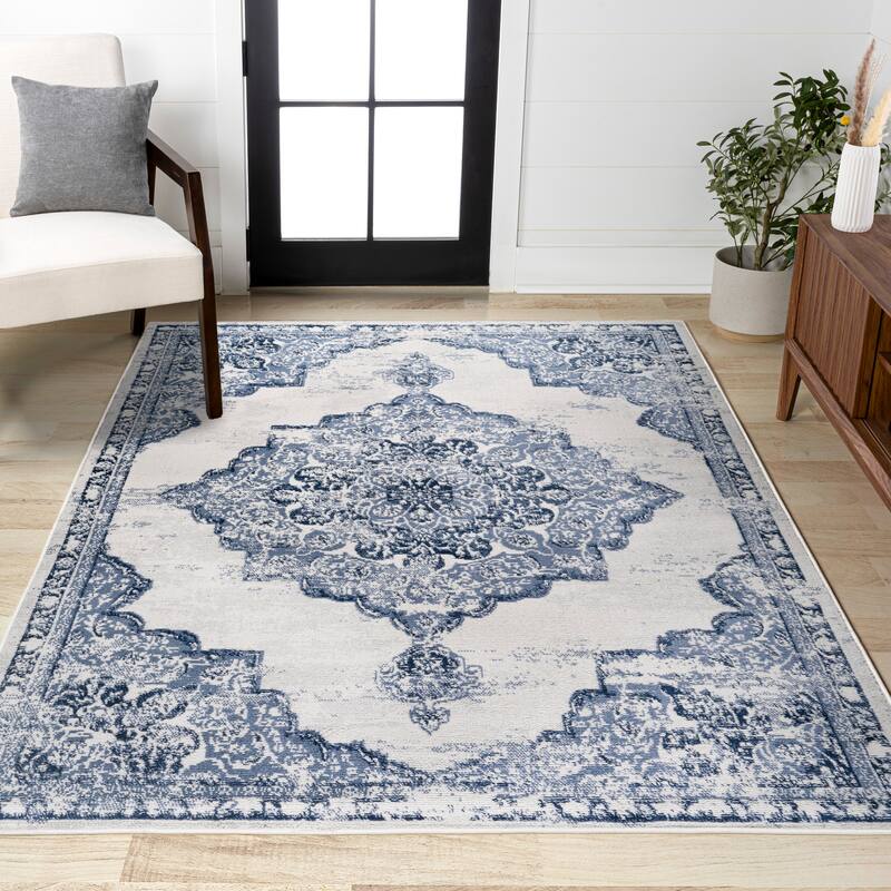 JONATHAN Y Rosalia Ornate Medallion Modern Area Rug - 2 X 8 - Light Blue/Ivory