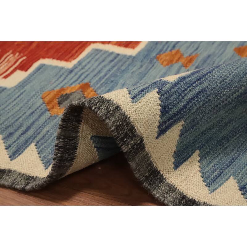 Hand Woven Oriental 100% Wool Carpet Southwestern Tribal Navy Blue & Blues Kilim Area Rug - 8' 2'' X 4' 11''