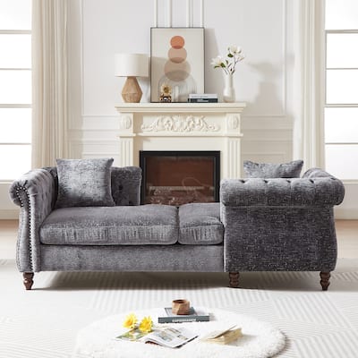 Roomfitters 81" Face-to-Face Chaise Lounge in Chenille, Button Tufted Rolled Arm Sofa with Nailhead Detailing