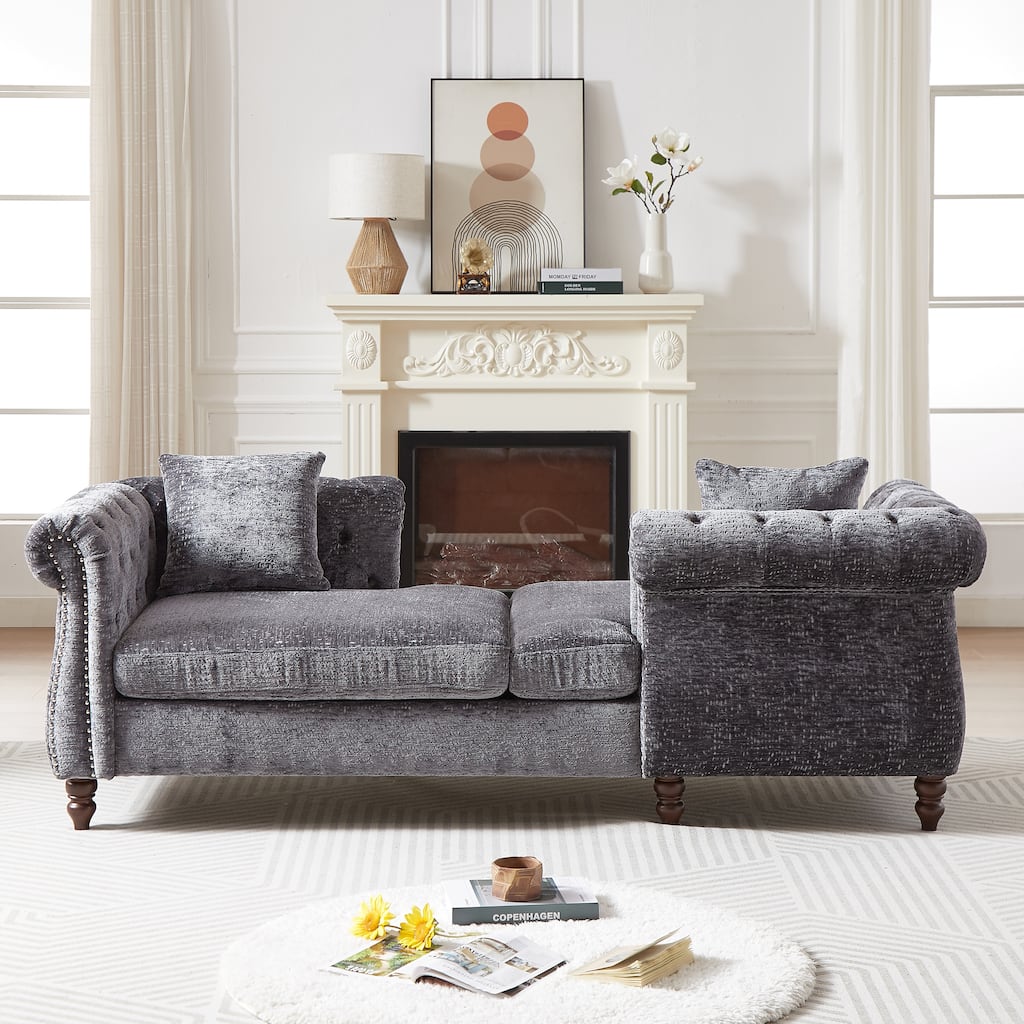 Roomfitters 81" Face-to-Face Chaise Lounge in Chenille, Button Tufted Rolled Arm Sofa with Nailhead Detailing