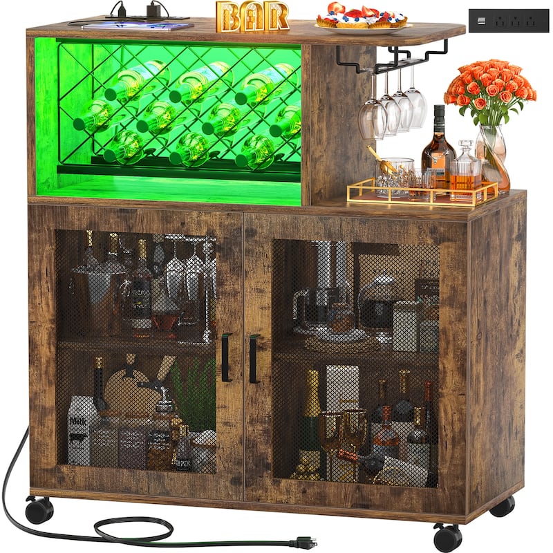 Bar Cart with Charge Station and LED Light, Rolling Home Bar Liquor Cabinet with Wine Holder - 31.5'' W